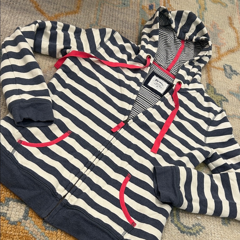 Boden Striped Hoodie with Pink Trim